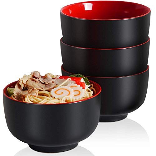 NJCHARMS Japanische Ramen Bowls 1,0 l – 4er Schwarz/Rot